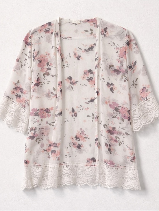 mason & belle Tops - Mason & Belle Sheer Open Front Floral Sheer Tunic Kimono Lace Crochet Hem Beachy